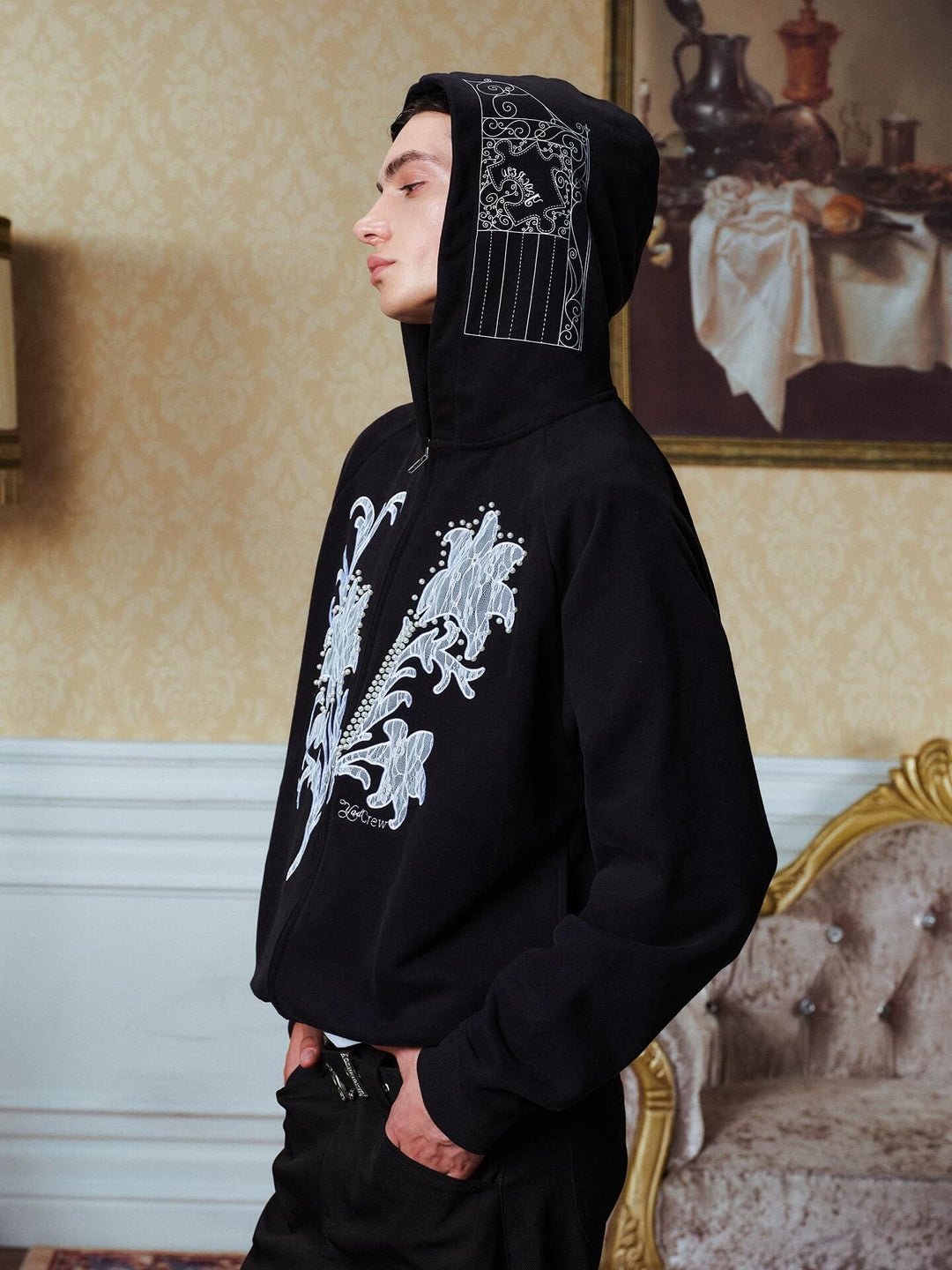 YADcrew Floral Lace Pearl Embellished Zip Up Hoodie | Face 3 Face