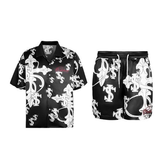 Small Town Kid Monogram Cross Logo Satin Cuban Shirt Set | Face 3 Face