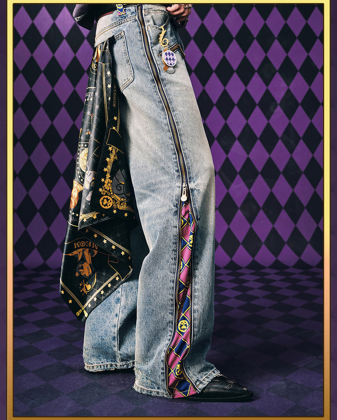 MEDM × JOJO Side Zipper Contrast Checkered Washed Jeans | Face 3 Face