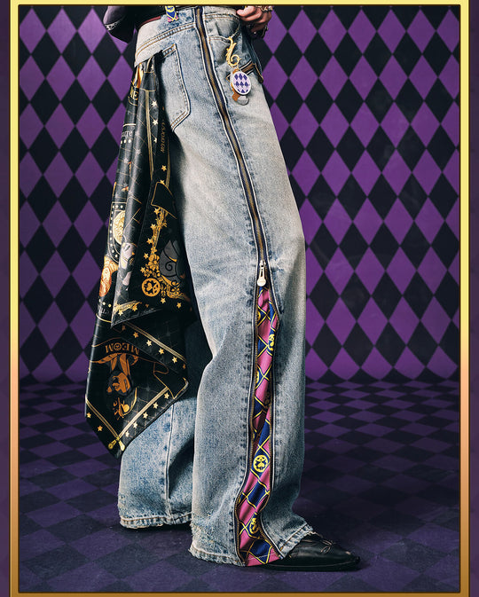 MEDM × JOJO Side Zipper Contrast Checkered Washed Jeans | Face 3 Face