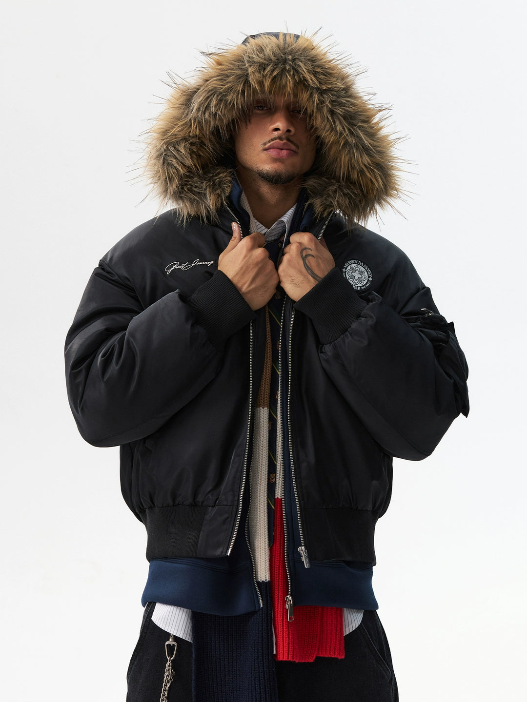 MEDM Silicone Logo Patch Fur Hooded Bomber Jacket | Face 3 Face