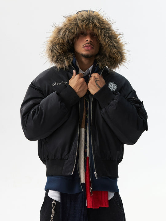 MEDM Silicone Logo Patch Fur Hooded Bomber Jacket | Face 3 Face