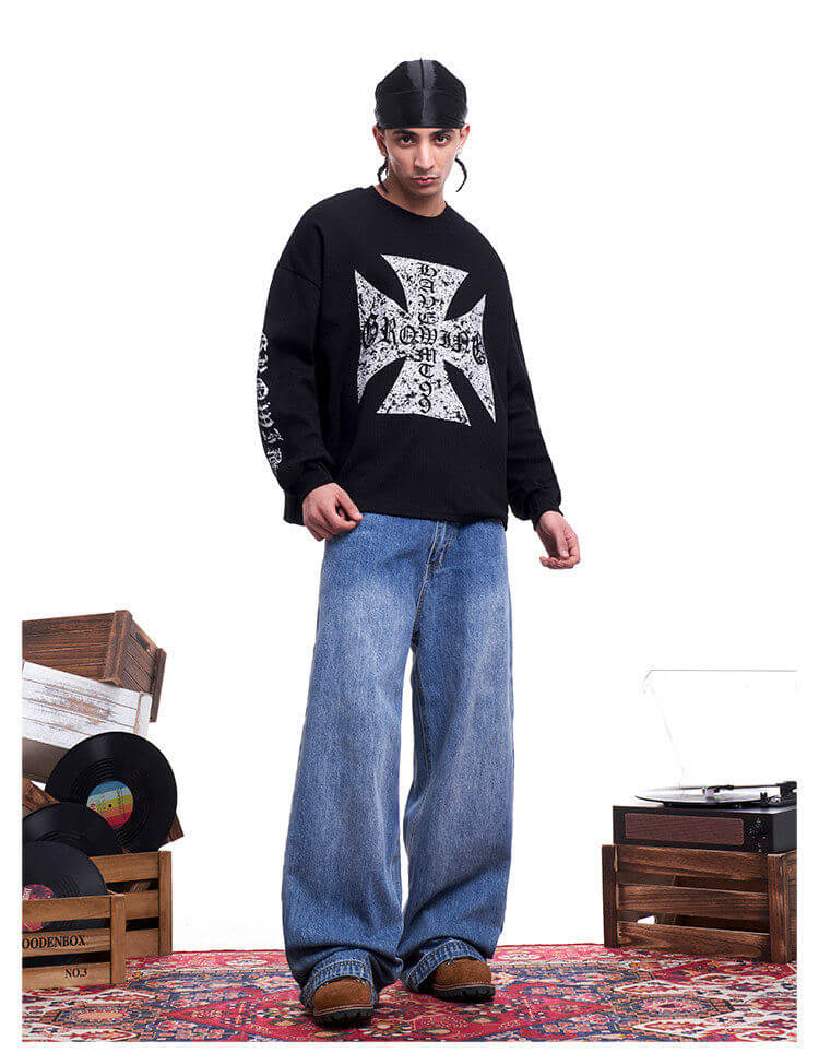 F3F Select Vintage Cross Print Waffle Long Sleeve Tee | Face 3 Face