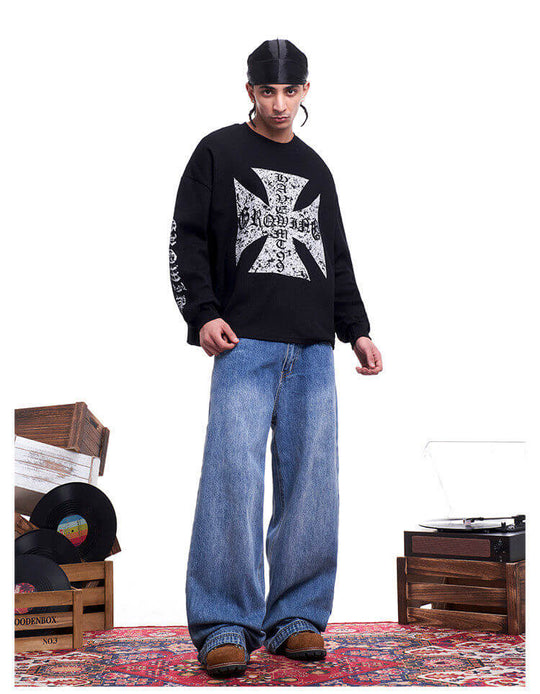 F3F Select Vintage Cross Print Waffle Long Sleeve Tee | Face 3 Face