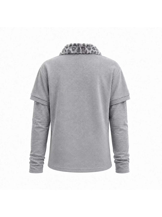 KARMANISTIC Leopard Faux Fur Collar Long Sleeve Polo | Face 3 Face