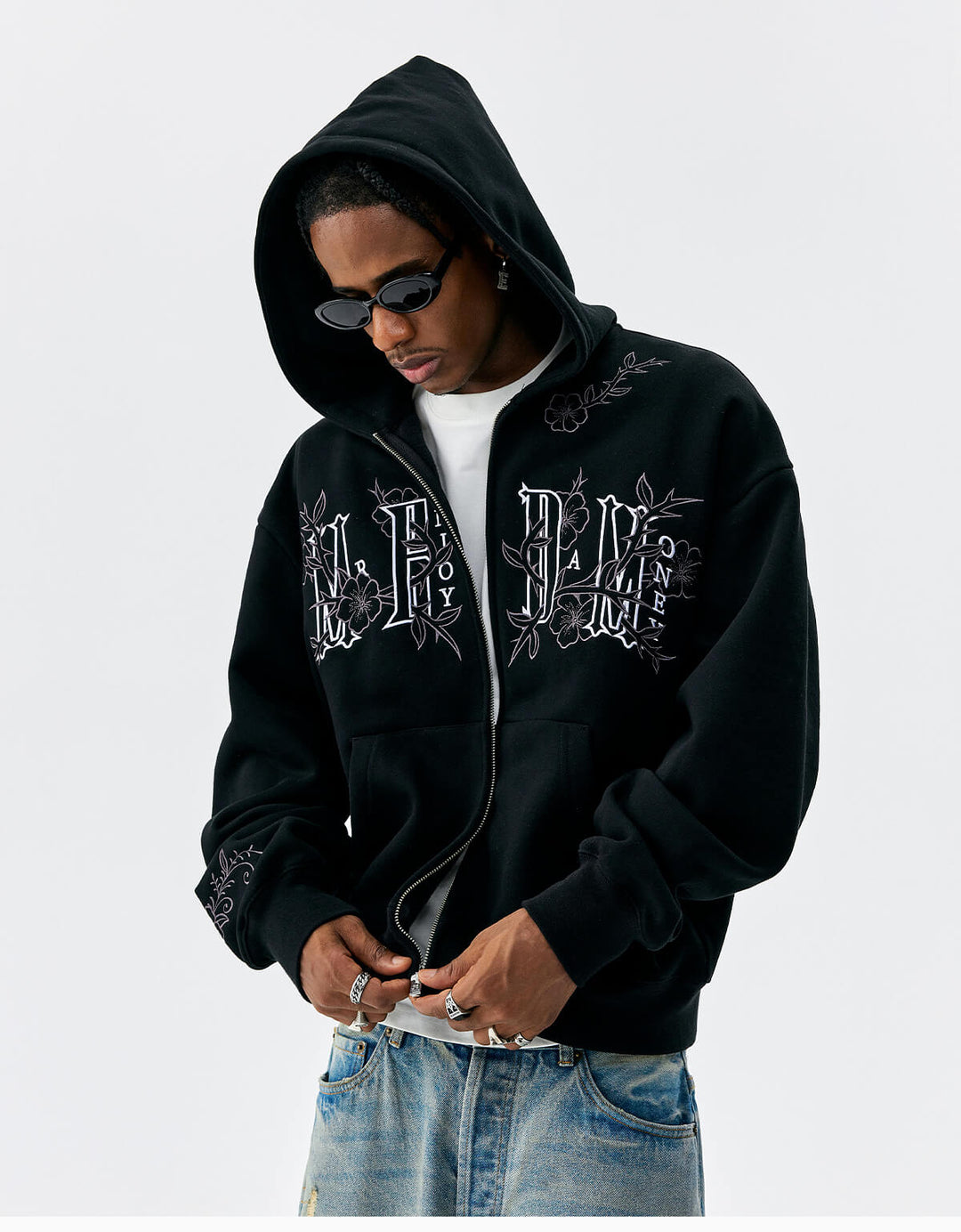 MEDM Flower Embroidered Zip Up Hoodie | Face 3 Face