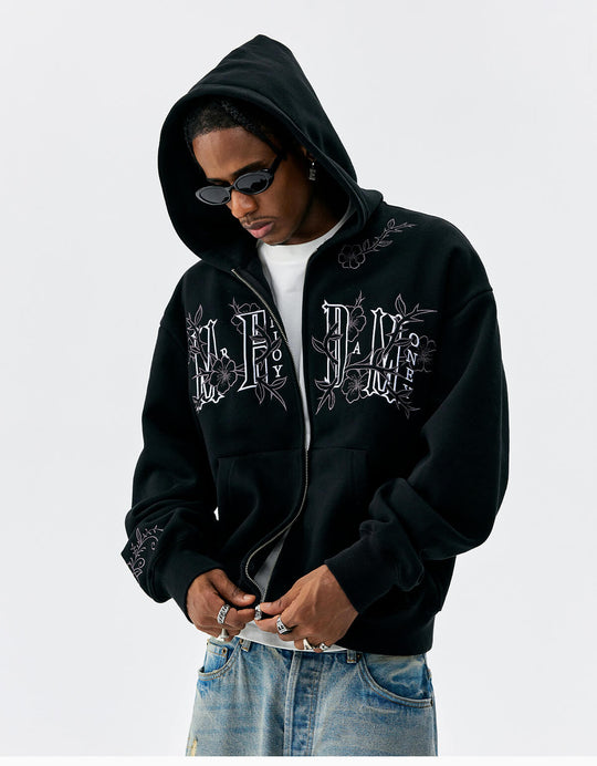 MEDM Flower Embroidered Zip Up Hoodie | Face 3 Face