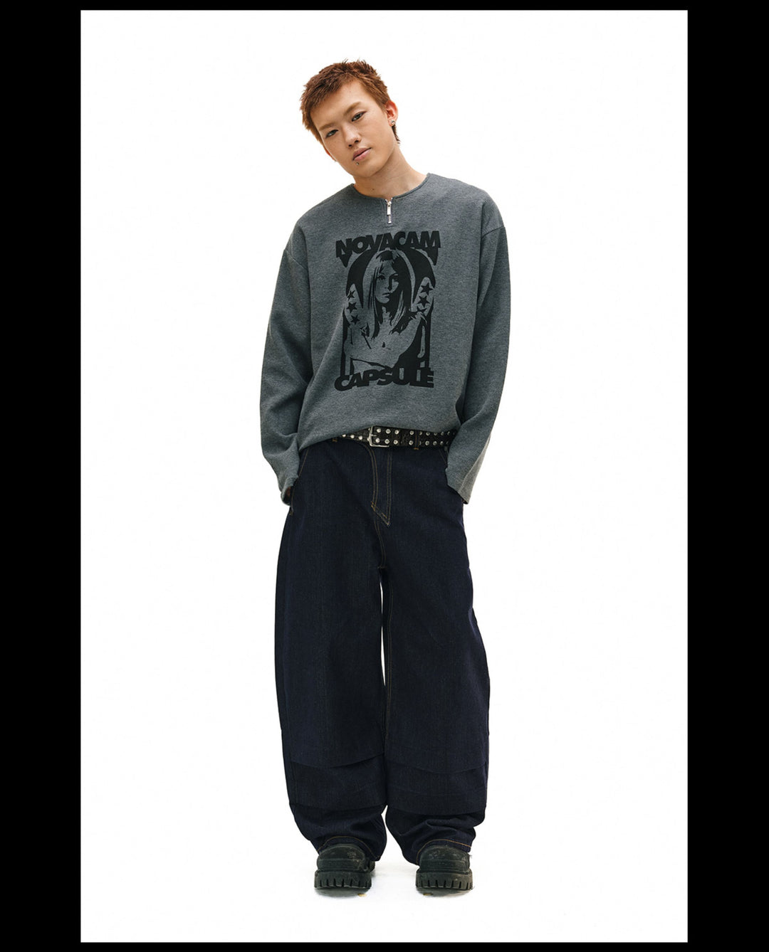 NOVACAM Waffle Vintage Print Zip Long Sleeve Tee | Face 3 Face