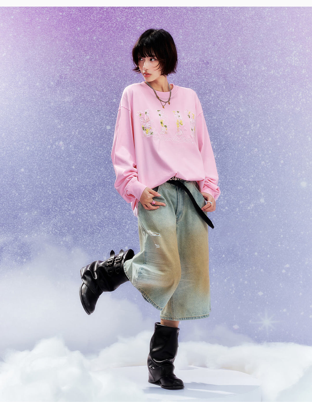 MEDM Flower Star Logo Embroidered Long Sleeve Tee | Face 3 Face