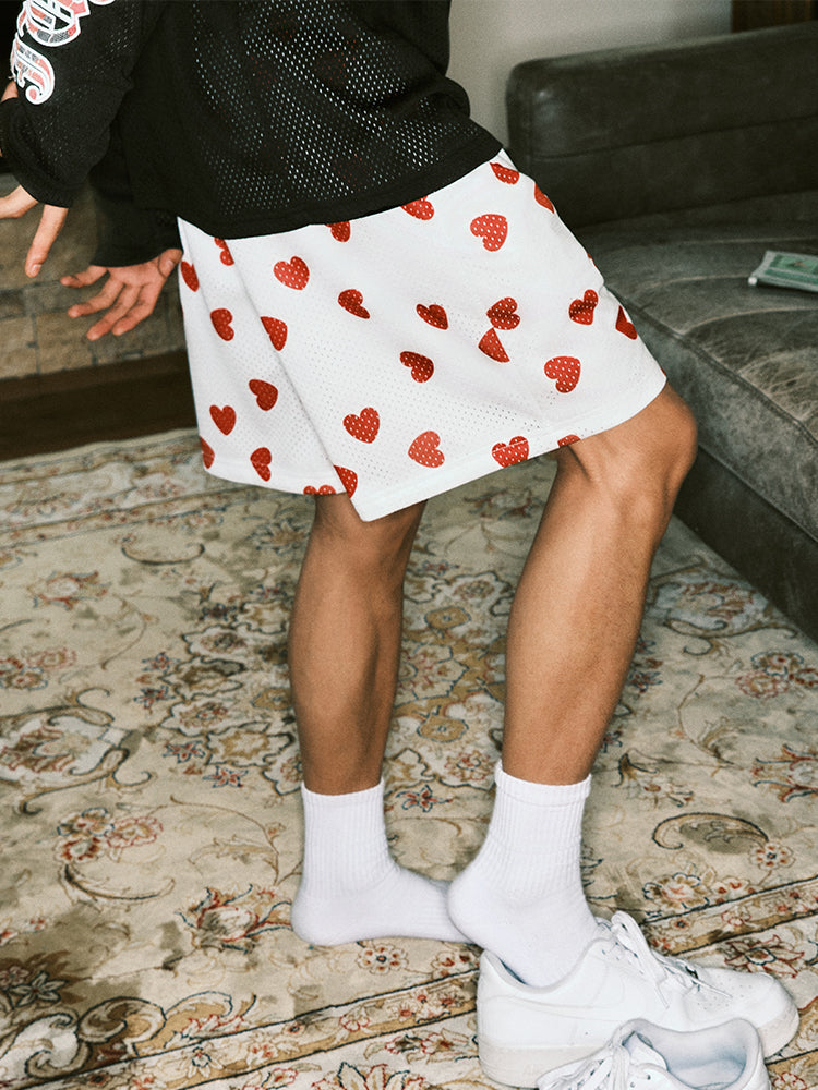 JUST VIBE Allover Love Heart Print Mesh Basketball Shorts | Face 3 Face