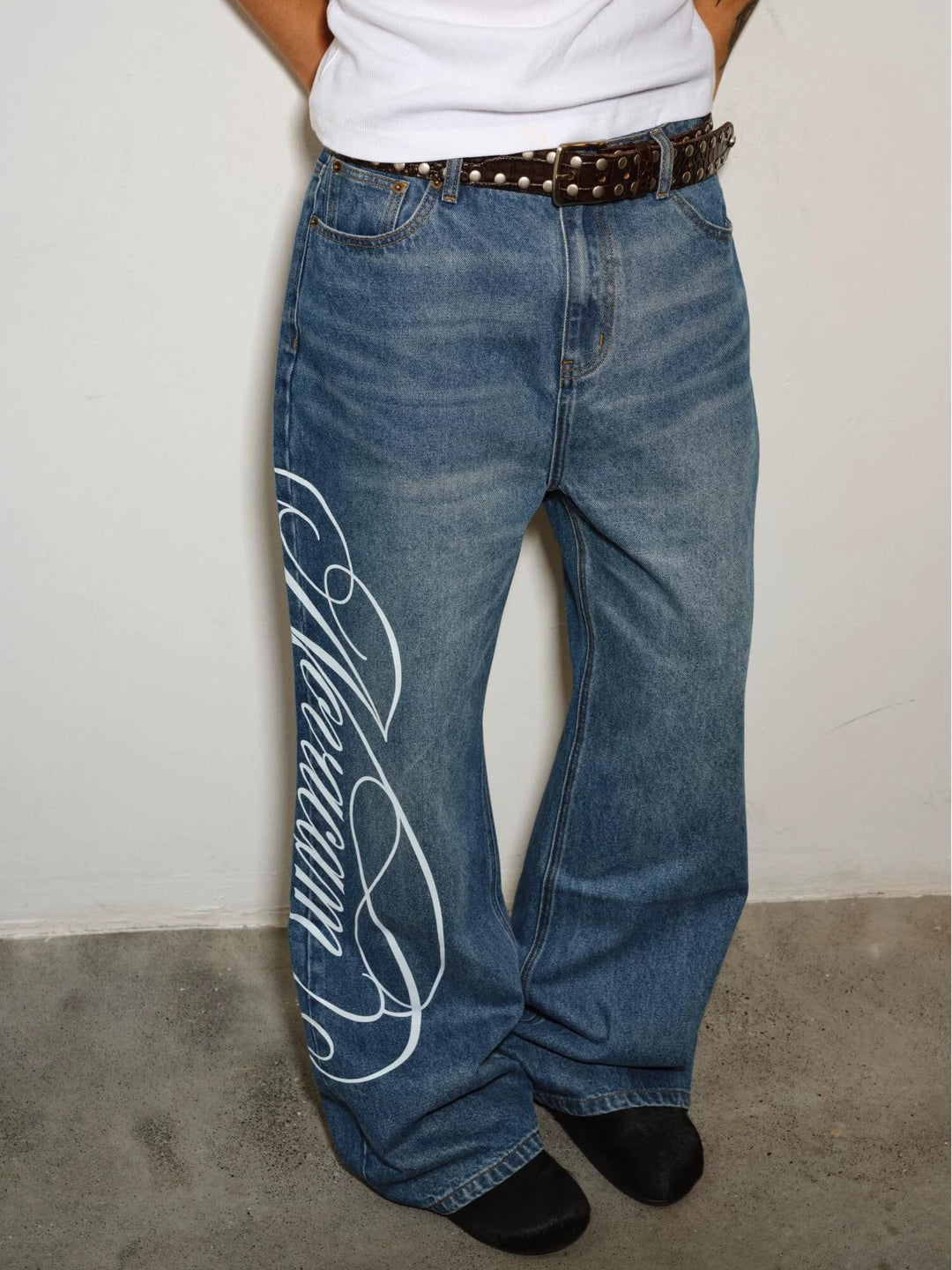 NOVACAM Vintage Washed Letter Print Flared Jeans | Face 3 Face