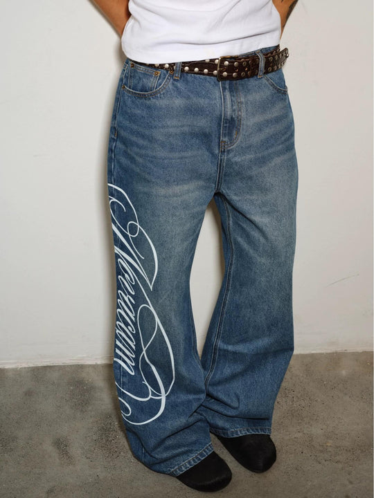 NOVACAM Vintage Washed Letter Print Flared Jeans | Face 3 Face