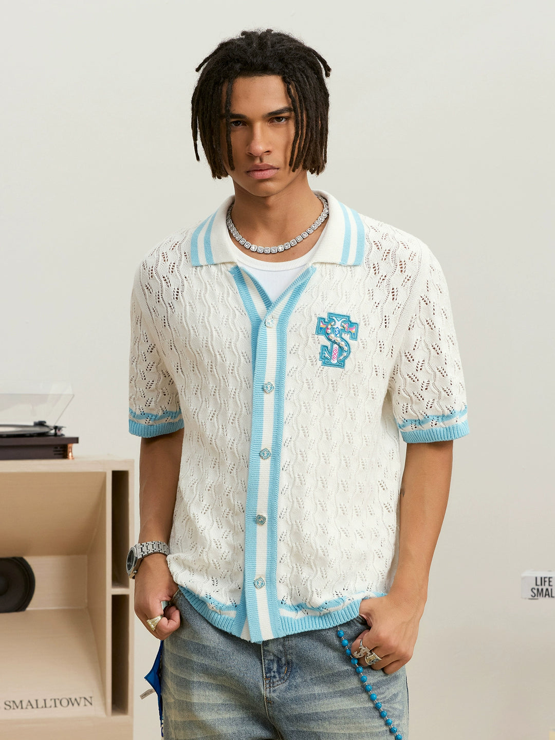 Small Town Kid Ethnic Logo Patch Crochet Knit Hawaiian Shirt | Face 3 Face