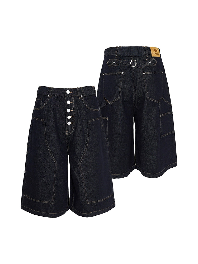 STEEPC Snap Button Double Knee Cropped Denim Baggy Shorts | Face 3 Face