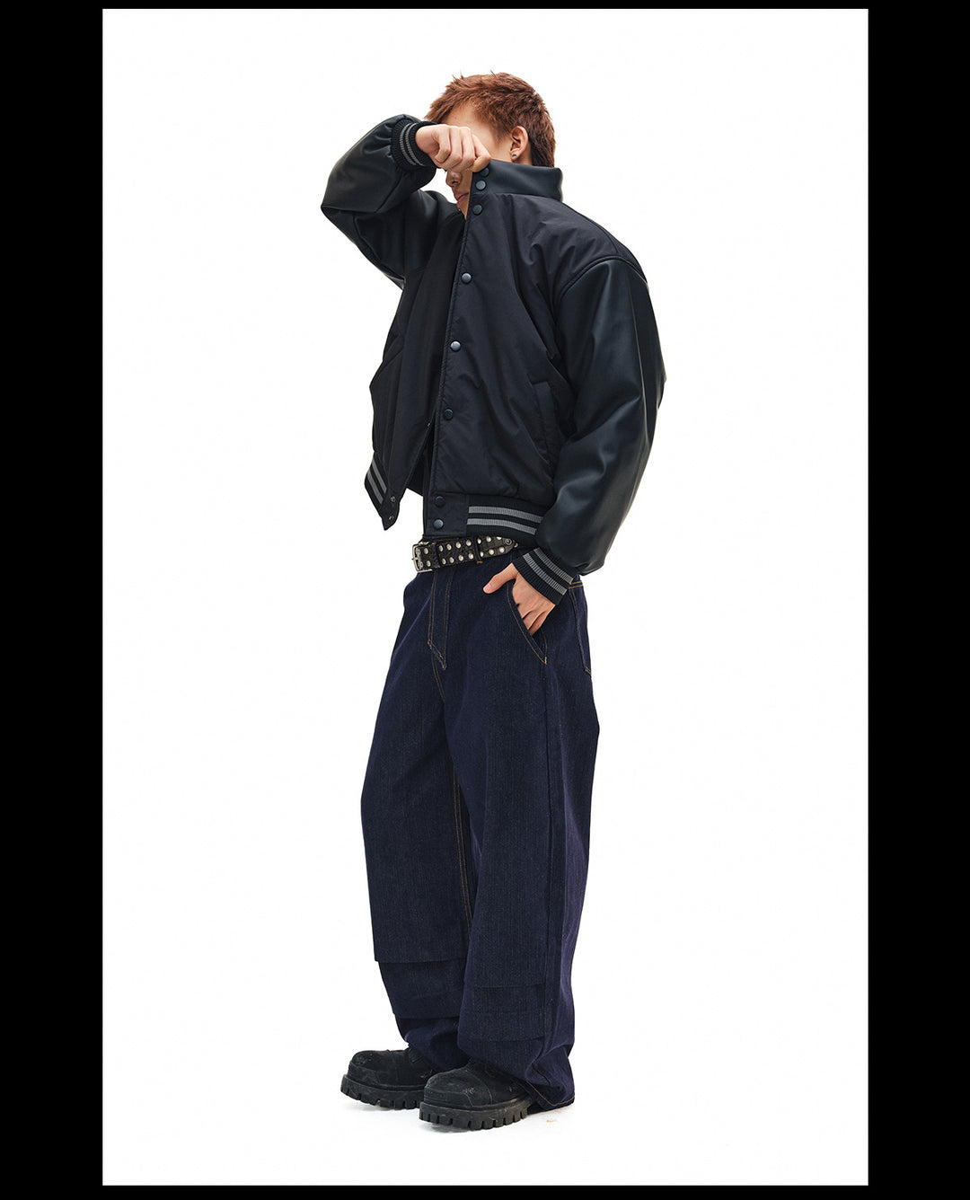 NOVACAM PU Leather Sleeve Puffer Varsity Jacket | Face 3 Face