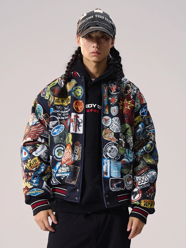 Remedy All Over Badge Print Varsity Jacket | Face 3 Face