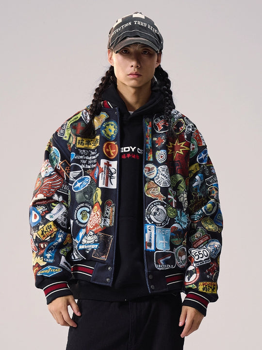 Remedy All Over Badge Print Varsity Jacket | Face 3 Face