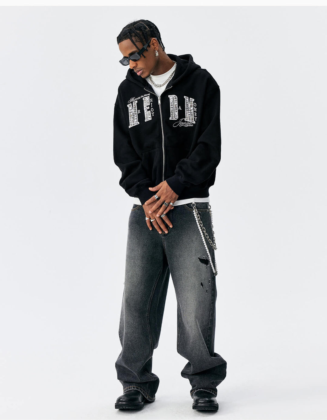 MEDM Pearl Logo Embellished Zip Up Hoodie | Face 3 Face