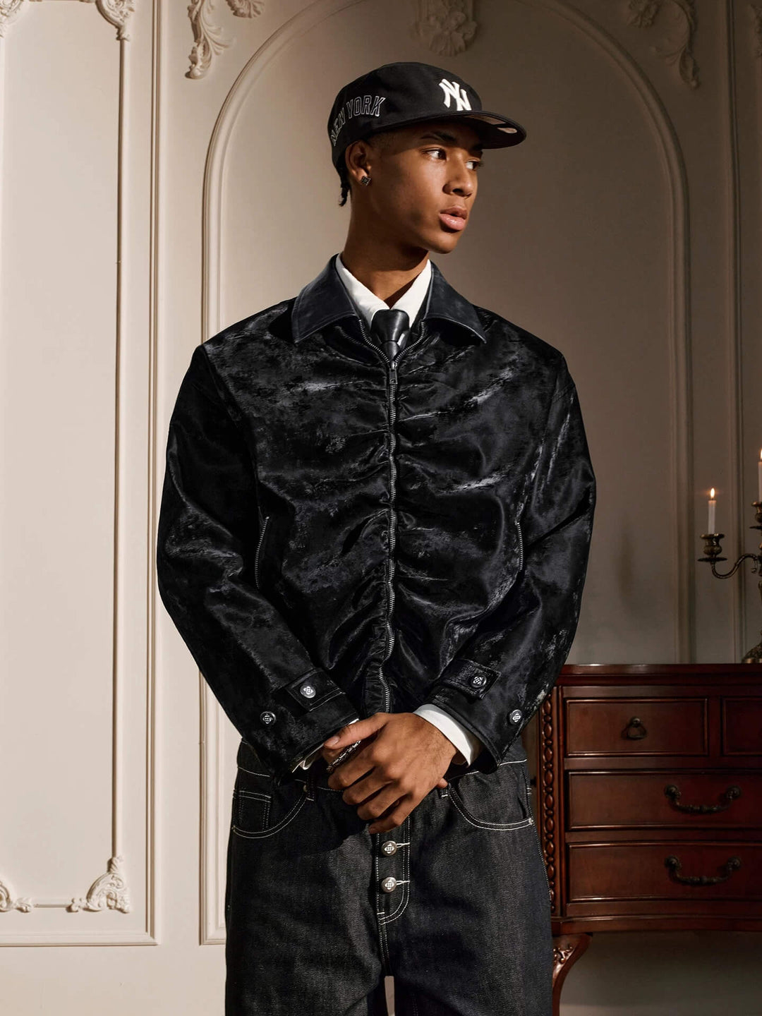 YADcrew Pleated Front Velvet PU Leather Jacket | Face 3 Face