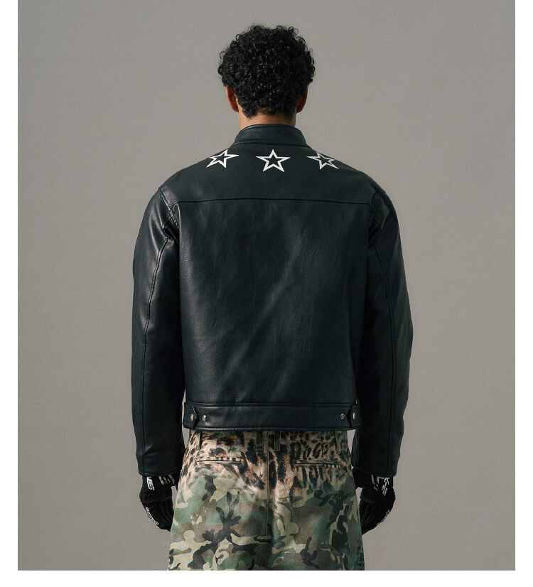 S45 Star Print PU Leather Leopard Lined Biker Jacket | Face 3 Face