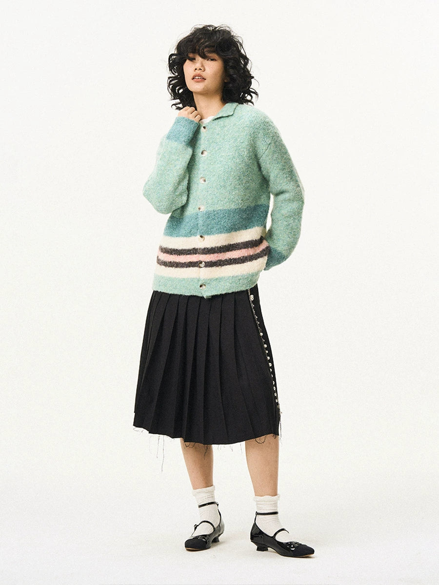 EMPTY REFERENCE Green Striped Wool Knit Cardigan | Face 3 Face