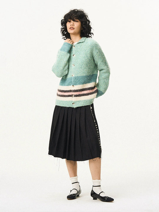 EMPTY REFERENCE Green Striped Wool Knit Cardigan | Face 3 Face