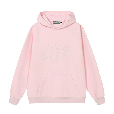 Harsh and Cruel Handwritten Font Pearl Embellished Crafted Hoodie | Face 3 Face