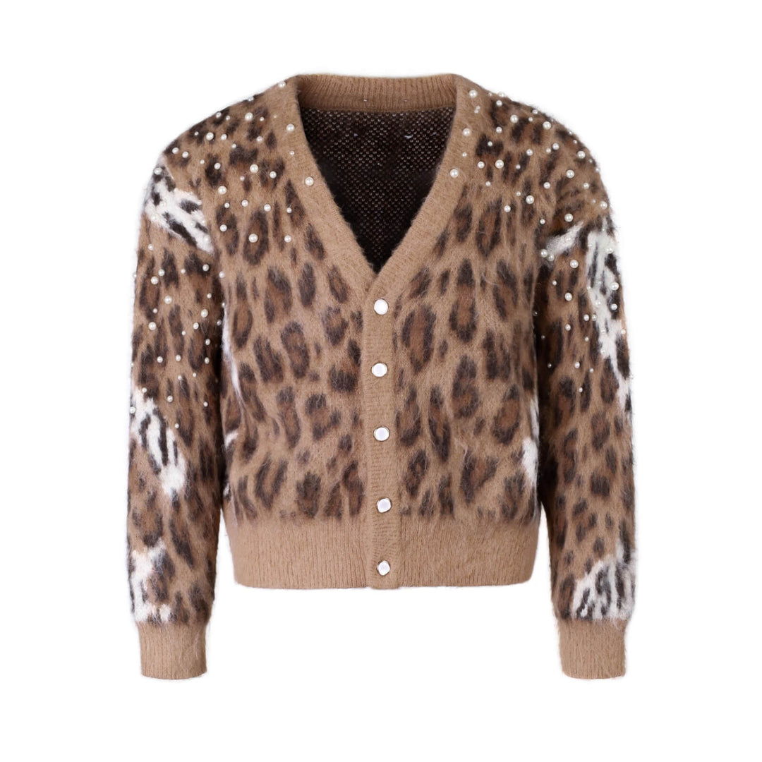 S45 Pearl Studded Leopard Knit Cardigan | Face 3 Face