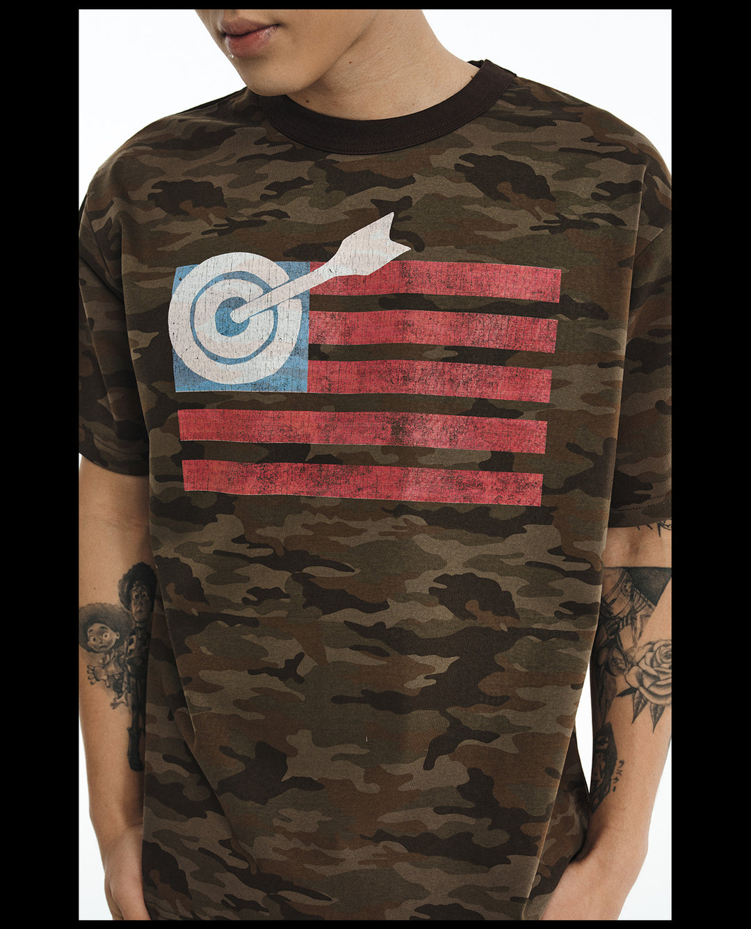 NOVACAM Washed Backstitch Vintage Print Black & Camouflage Tee | Face 3 Face
