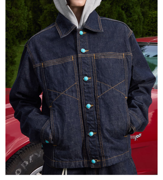 S45 Turquoise Button Denim Jacket | Face 3 Face
