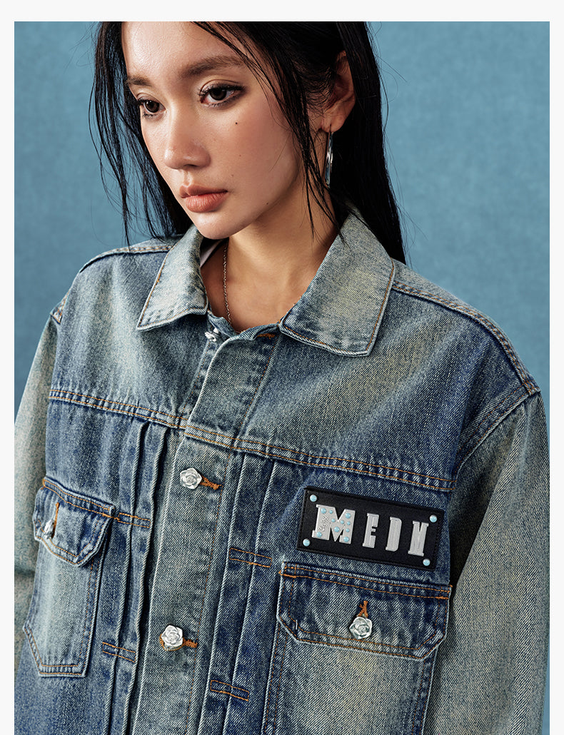 MEDM Leather Logo Washed 2nd-Type Denim Jacket | Face 3 Face