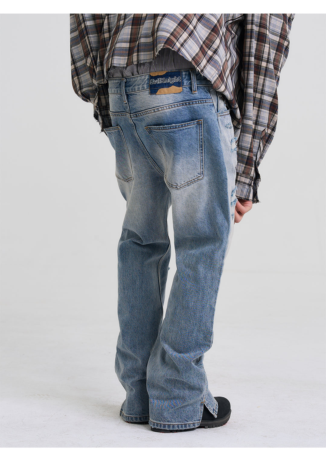 EVILKNIGHT(EK) Washed Checkered Patch Distressed Jeans | Face 3 Face