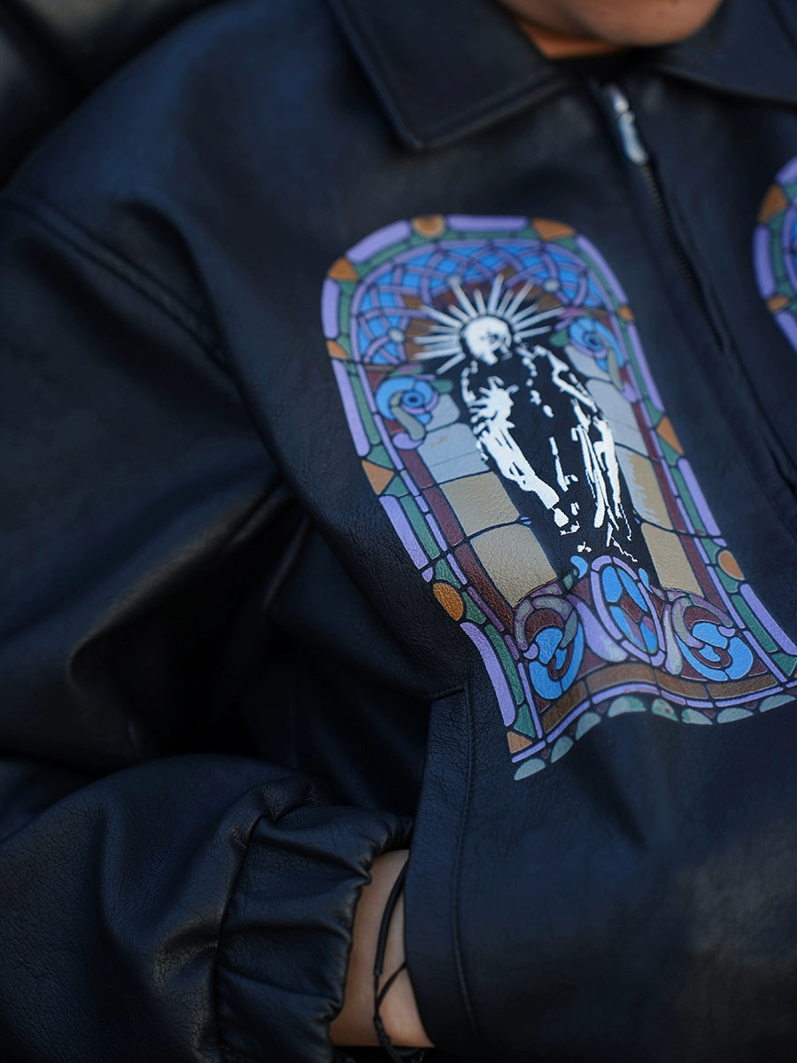 TGFCLUB Embroidered Printed PU Leather Jacket | Face 3 Face