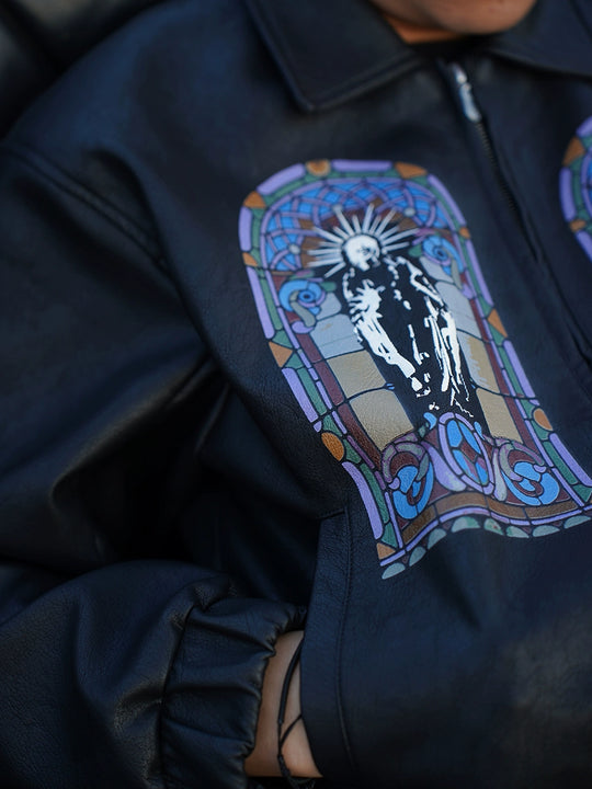 TGFCLUB Embroidered Printed PU Leather Jacket | Face 3 Face