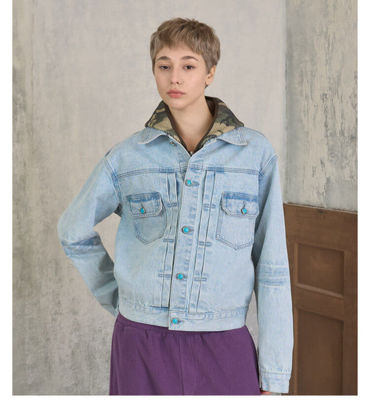 S45 Light Blue Heavy Washed Turquoise Button Denim Jacket | Face 3 Face