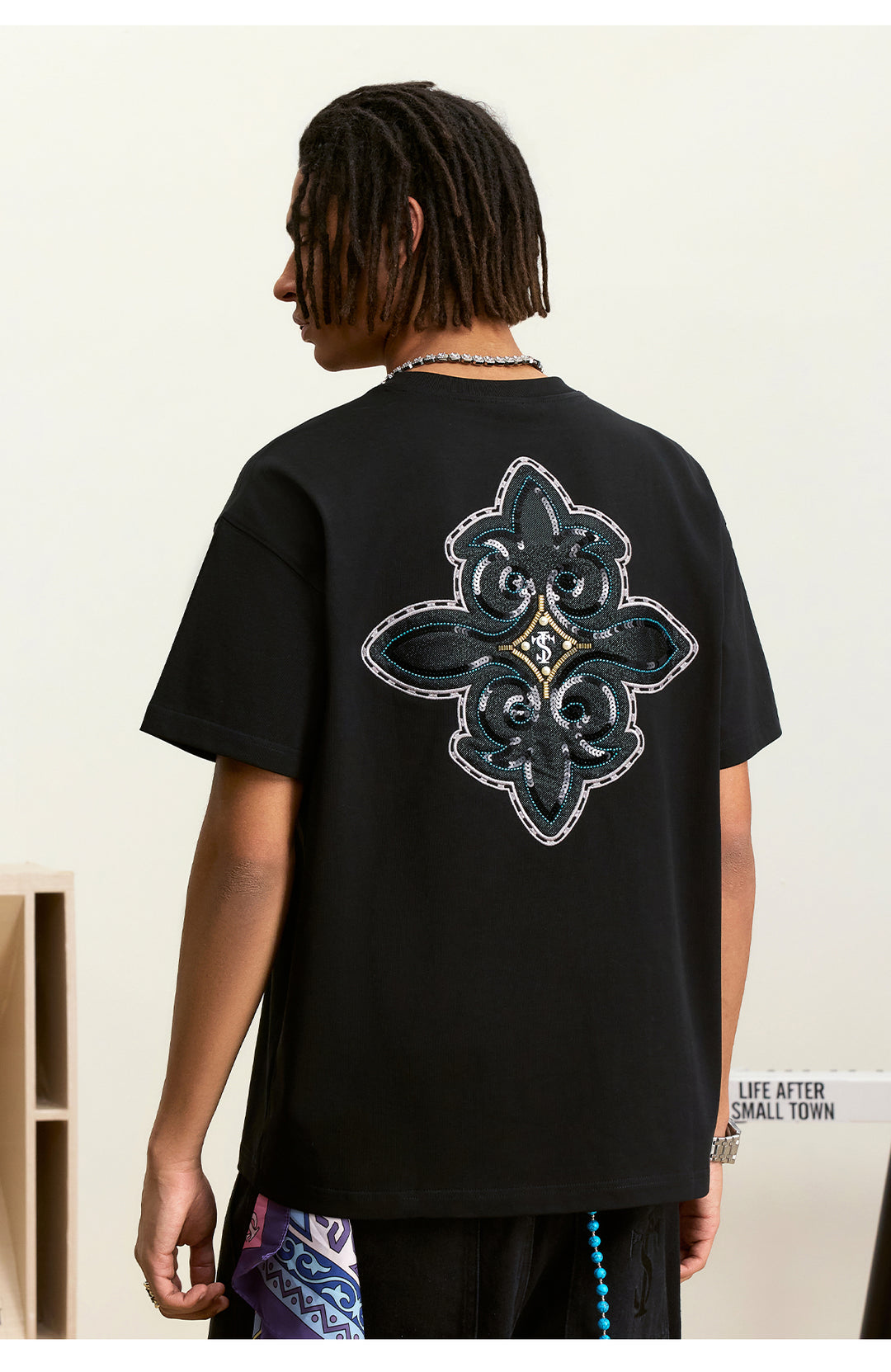 Small Town Kid Cross Pearl Sequin Beaded Embroidery Tee | Face 3 Face