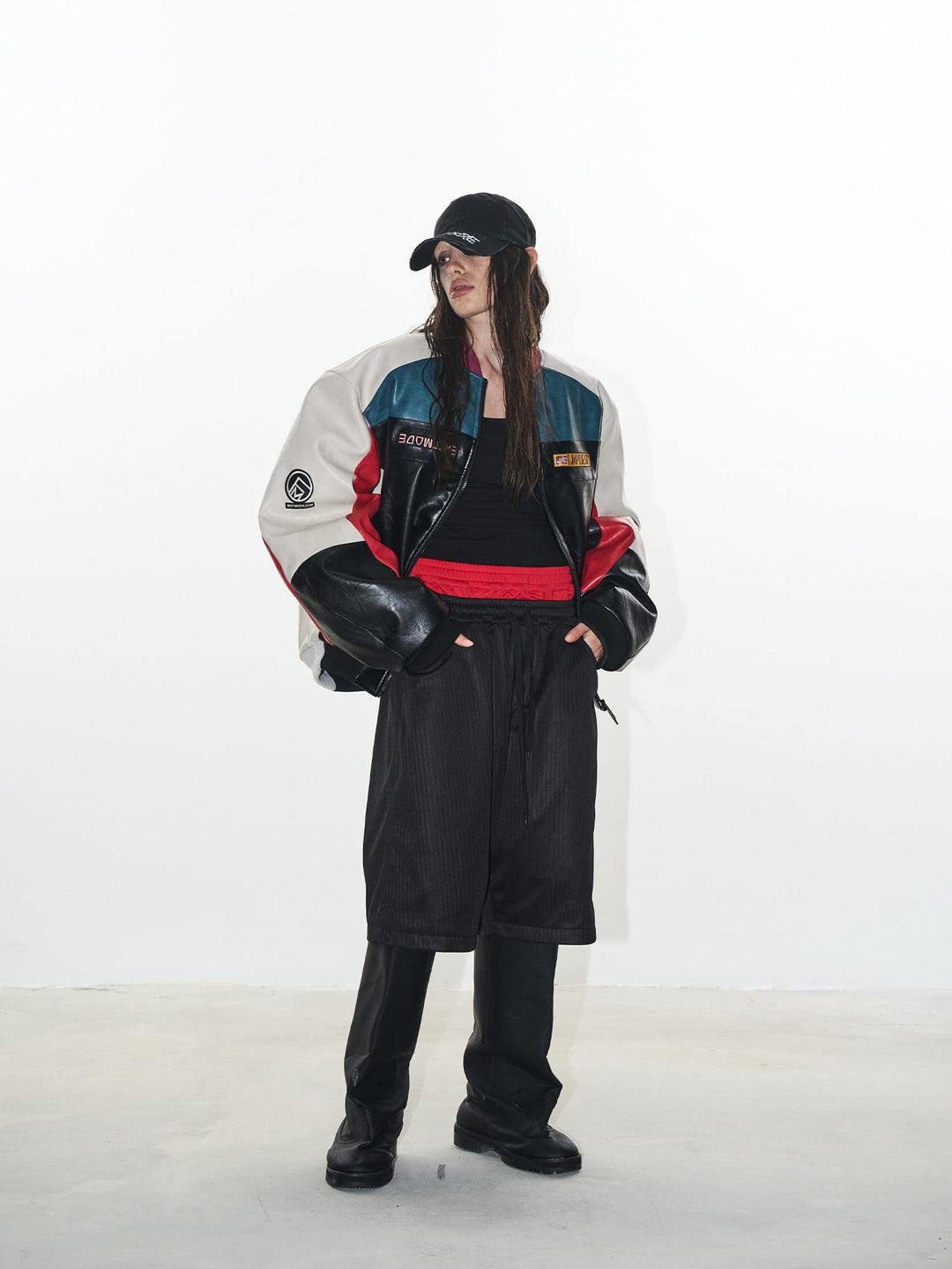 BLIND NO PLAN Colorblocked Embroidered Racing Leather Jacket | Face 3 Face