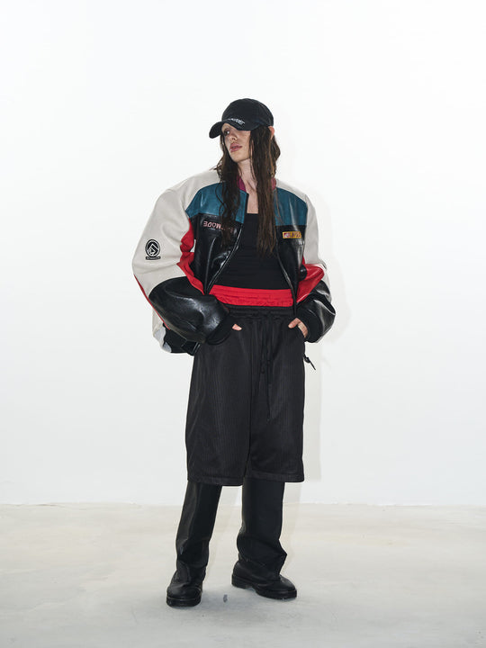 BLIND NO PLAN Colorblocked Embroidered Racing Leather Jacket | Face 3 Face