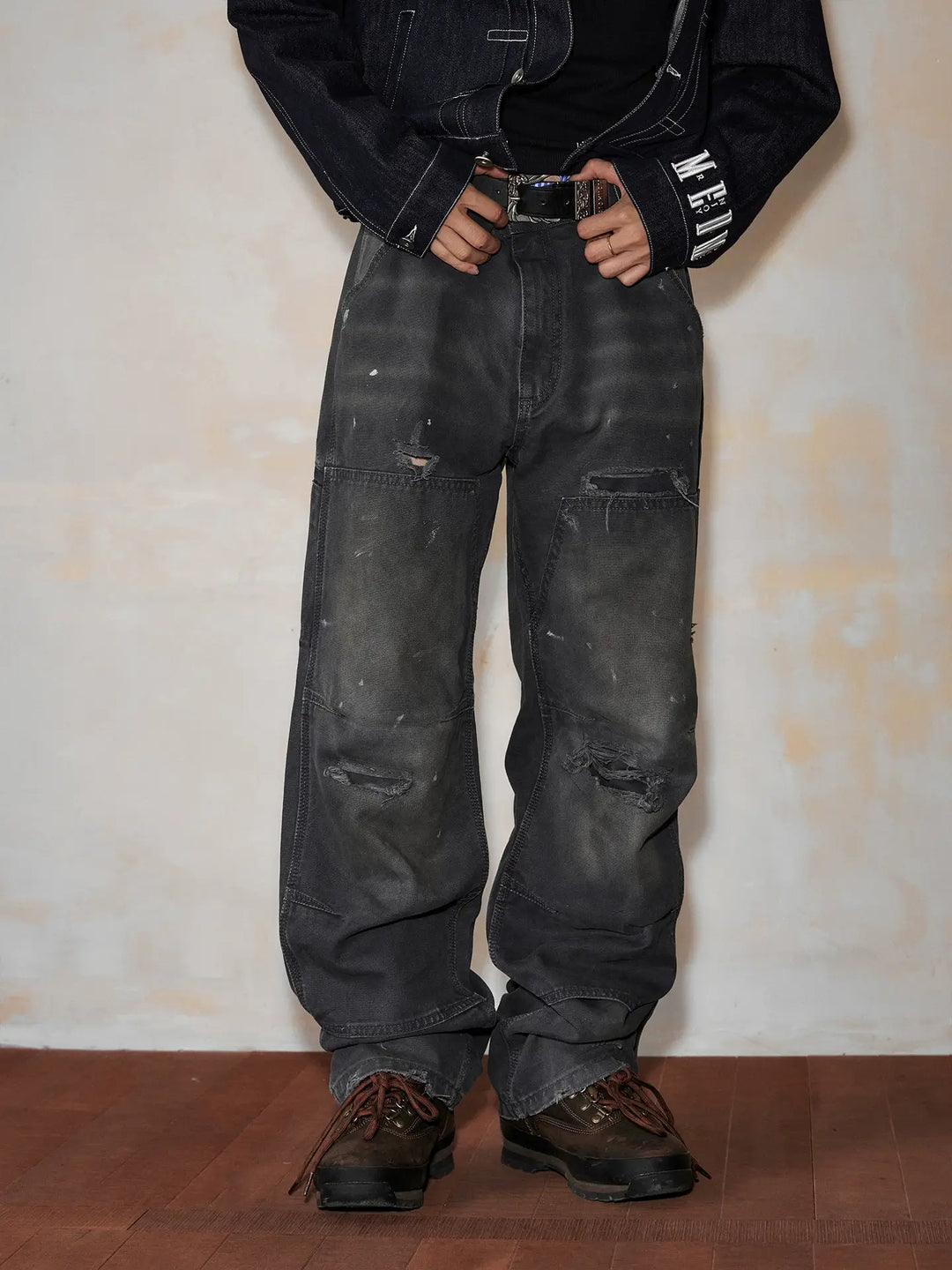 MEDM Double Knee Broken Hole Washed Painter Pants | Face 3 Face