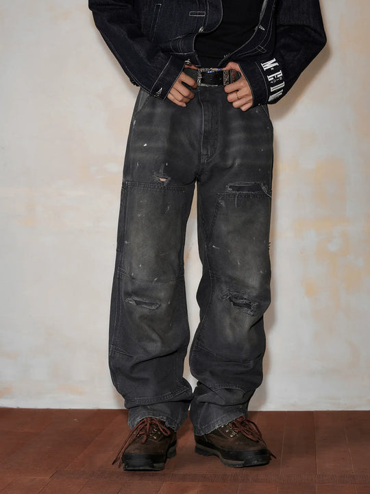 MEDM Double Knee Broken Hole Washed Painter Pants | Face 3 Face