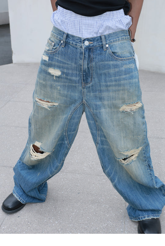 STEEPC Distressed Cat Whisker Washed Baggy Jeans | Face 3 Face