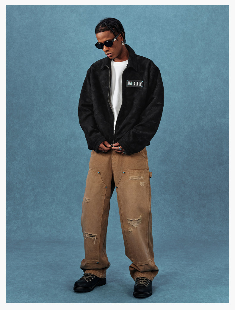 MEDM Leather Logo All-Over Monogram Suede Jacket | Face 3 Face