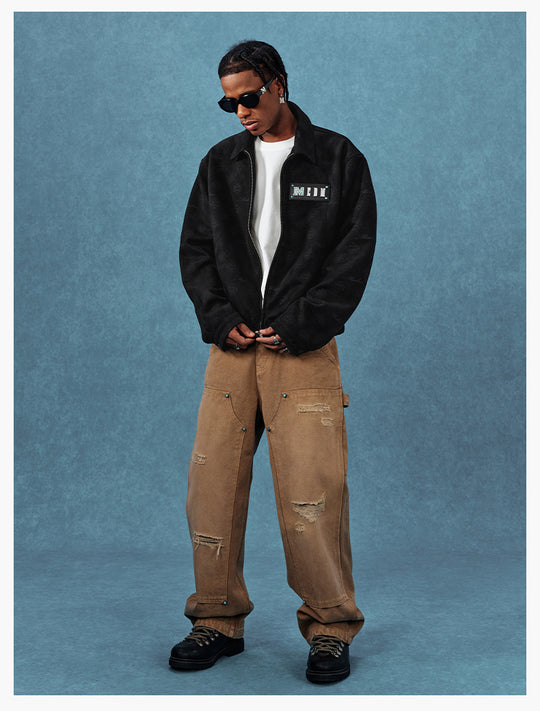 MEDM Leather Logo All-Over Monogram Suede Jacket | Face 3 Face