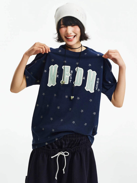 MEDM All Over Glitter Star Print Logo Patch Short Sleeve Tee | Face 3 Face