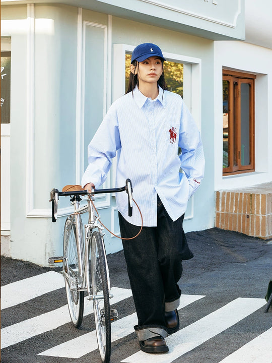 Harsh and Cruel Vintage Embroidered Striped Loose Long Sleeve Shirt | Face 3 Face