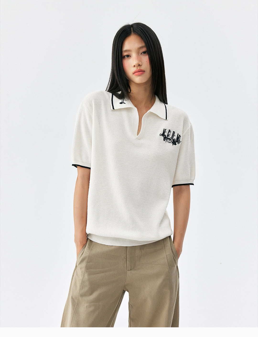 MEDM Rose Embroidered Waffle Knit Polo | Face 3 Face