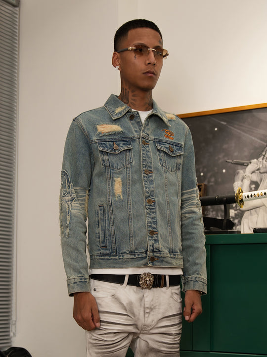 TGFCLUB Washed Hole Patch Embroidered Denim Jacket | Face 3 Face