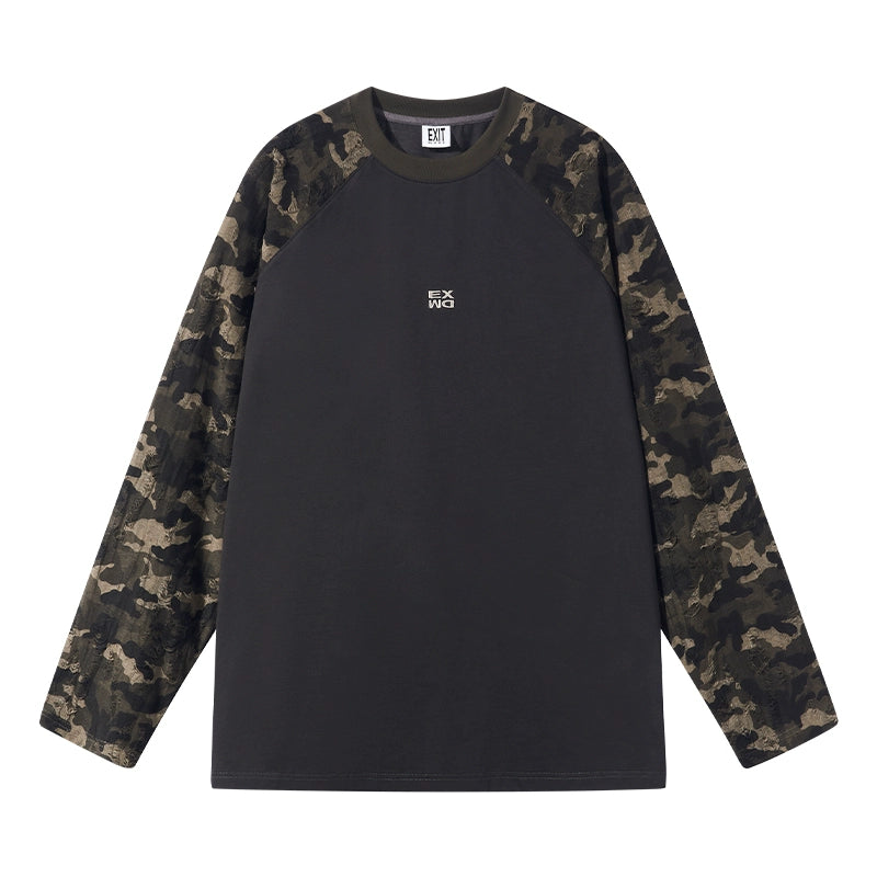 BLIND NO PLAN Camouflage Contrast Embroidered Raglan Long Sleeve Tee | Face 3 Face