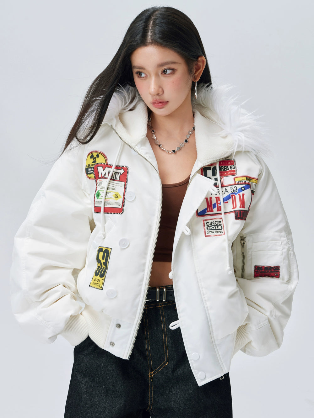 MEDM License Plate Patch Fur-Hooded MA-1 Bomber Jacket | Face 3 Face