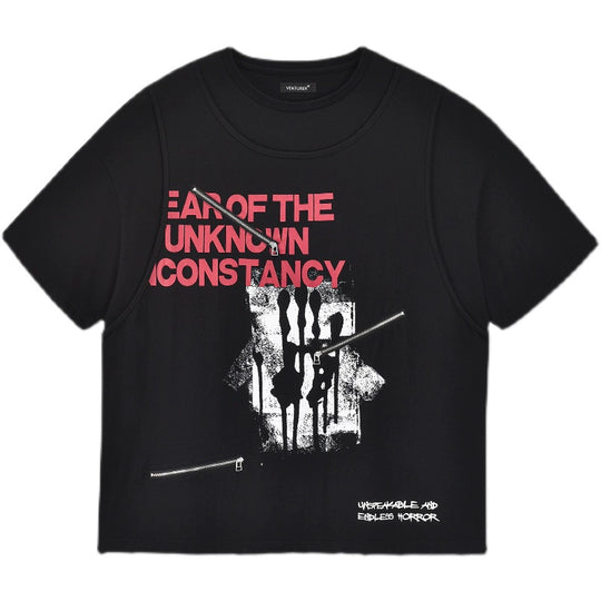 VENTUREK Double Layer Multi Zipper Destroyed Punk Rock Print Tee | Face 3 Face